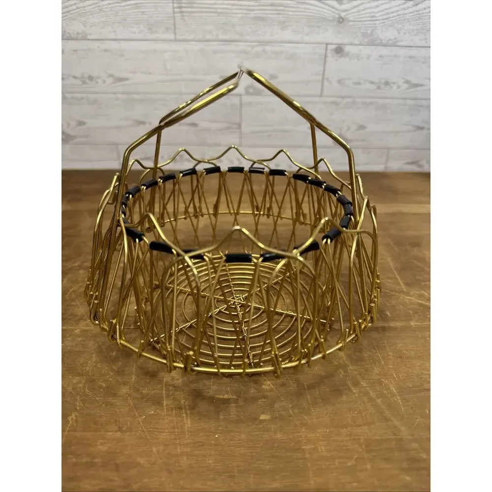 Vtg MCM Expandable Gold Wire Fruit Egg Basket Folding Atomic Style